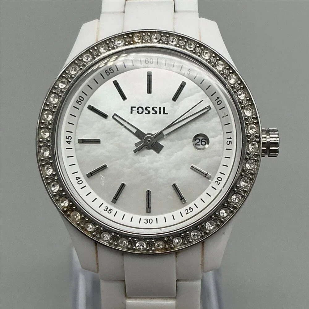 Fossil ES2437 Womens Watch 31mm MOP Ceramic Crystals Date New Battery 6.75